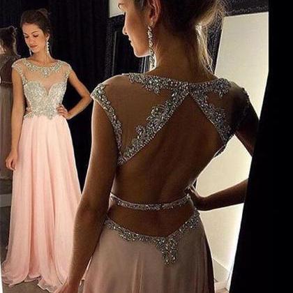 Charming Backless Long Prom Dresses O Neck Beaded..