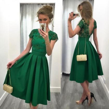 Charming Green Satin Short Homecoming Dresses With..