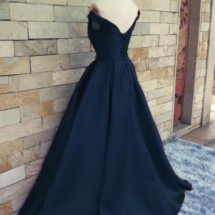 Charming Dark Navy Blue Long Prom Dresses A Line..