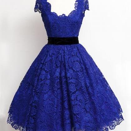 Vintage Blue Lace Homecoming Dresses Short Sleeve..