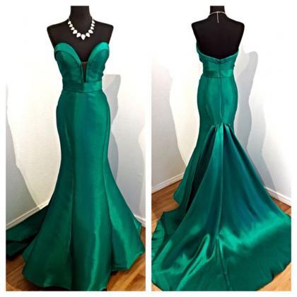 Simple Green Satin Long Prom Dresses Sexy Backless..