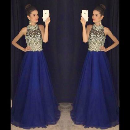 Shiny Crystal Chiffon Blue Forla Prom Dresses A..