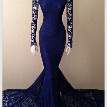 Vintage Navy Blue Lace Prom Dress Mermaid Long..