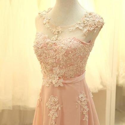 Custom Made Pink Chiffon Long Prom Dress With Lace..