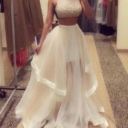 Two Pieces Prom Dresses Crystal Beaded Tulle Long..