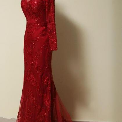 Red Long Sleeve Lace Beaded Prom Dresses Mermaid..