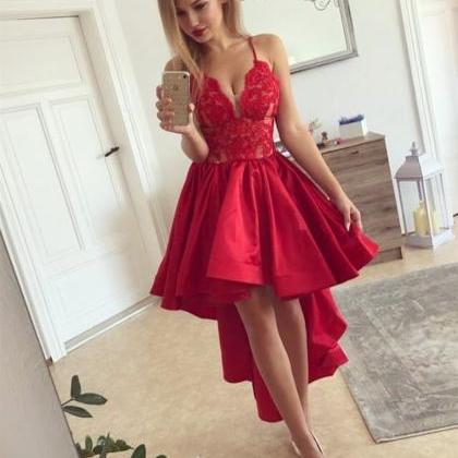 Sexy Red Plunging V Neck High Low Prom Dress Lace..