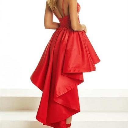 Sexy Red Plunging V Neck High Low Prom Dress Lace..