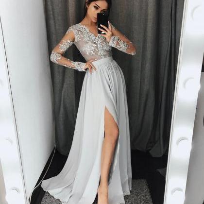 Long Sleeve Light Gray Lace Prom Dress Formal V..