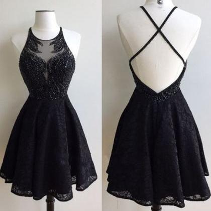 Elegant Black Lace Short Prom Dresses Back Open..