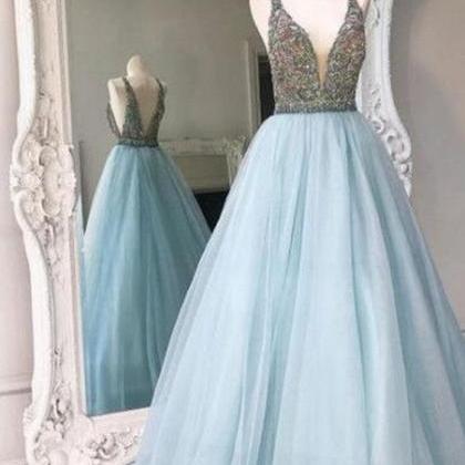 Charming Sky Blue Beaded Crystal Top Long Prom..