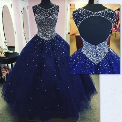Luxury Navy Blue Beaded Crystal Long Prom Dresses..
