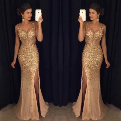 Luxury Gold Crystal Long Prom Dresses Sexy..