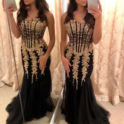 Strapless Sweetheart Gold Applique Prom Dresses..