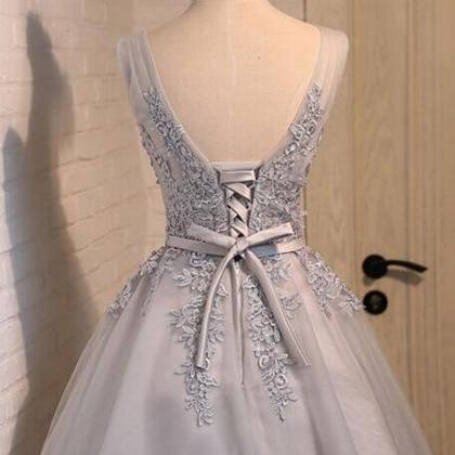 Cute Grey Lace Appliques Short Bridesmaid Dress,..