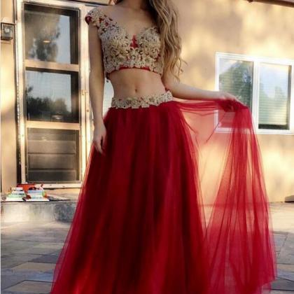 Gold Lace Appliqued Two Piece Prom Dresses,red..