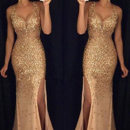 Beading Gold Long Prom Dress,sexy Long Crystal..