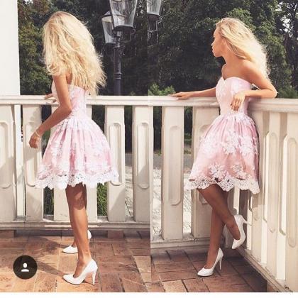 Blush Pink Homecoming Dresses Short Lace Prom..