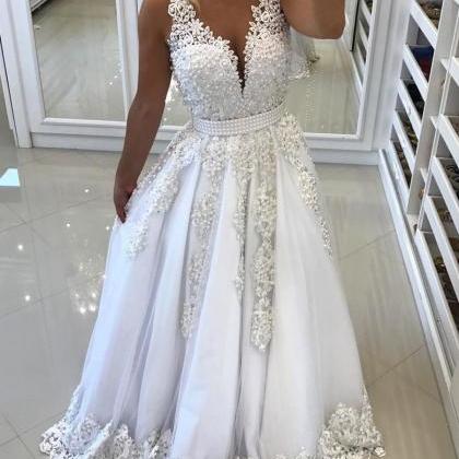 A Line V Neck Long White Tulle Lace Prom Dresses..