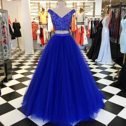 Sparkly Two Pieces Prom Dresses Royal Blue Beaded..