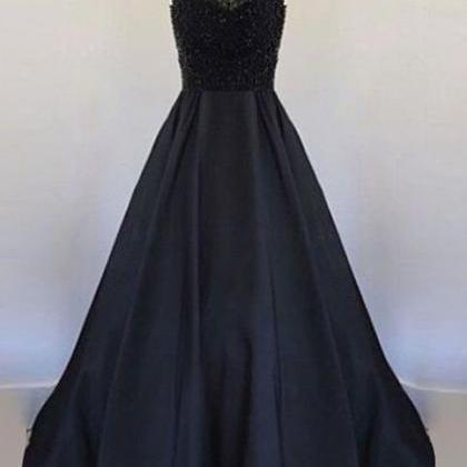 Long Black Satin Prom Dresses Halter Neck Beading..