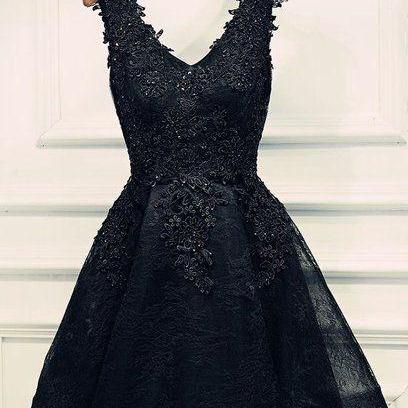 Black V-neck Beading Homecoming Dresses, Black..
