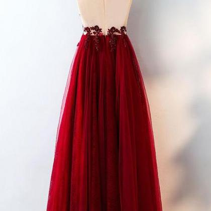 Burgundy Tulle Lace Applique Sleeveless Long Prom..