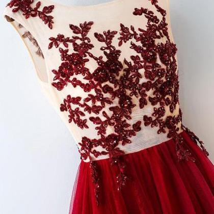 Burgundy Tulle Lace Applique Sleeveless Long Prom..