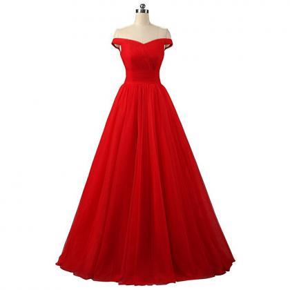 2018 Off Shoulder Red Tulle Long Prom Dresses..