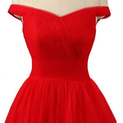 2018 Off Shoulder Red Tulle Long Prom Dresses..