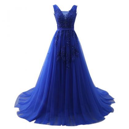 2018 Royal Blue Lace Apppliqued Long Prom Dresses..