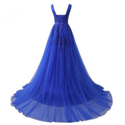 2018 Royal Blue Lace Apppliqued Long Prom Dresses..