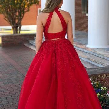 Two Piece Prom Dress,high Neck Prom Dress,lace..