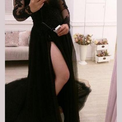 Black Long Sleeve Evening Dress, Sexy Split Side..