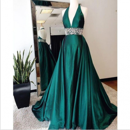 Halter Emerald Green Prom Dress, With Open Back..