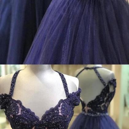 A-line Halter Backless Navy Blue Prom Dress With..