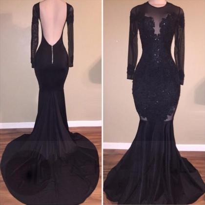 Backless Sexy Prom Dresses, Long Sleeves Prom..