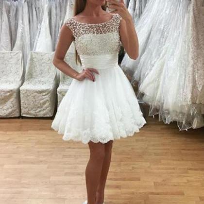 2018 White Pearls Lace Short Homecoming Dresses A..