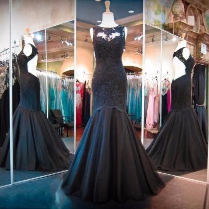 Black Mermaid Prom Dresses Backless Lace Applique..