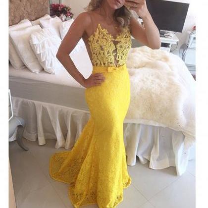 Yellow Lace Mermaid Prom Dresses 2018 Plus Size..