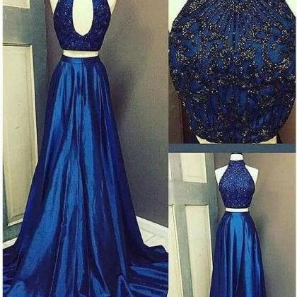 Halter Royal Blue Beaded Evening Dress, Sexy Two..