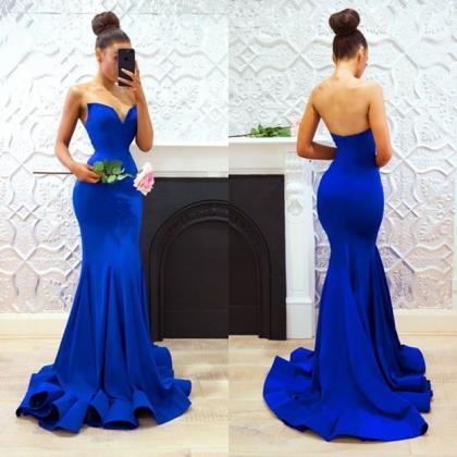 2018 Royal Blue Satin Mermaid Prom Dresses Custom..