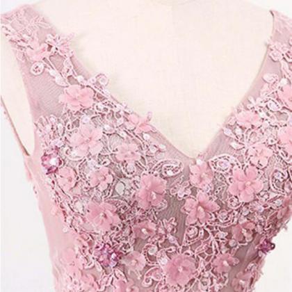 Elegant A-line V-neck Sleeveless Pink Tulle Long..