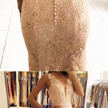 Champagne Lace Nude Back Mermaid Prom Dresses..