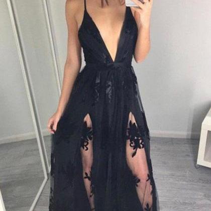 2018 Sexy Prom Dress,black V Neck Prom..