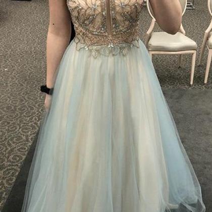 A-line Jewel Sage Tulle Prom Dress With Appliques..