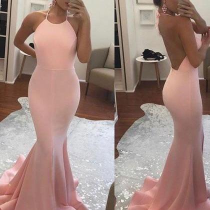 Pink Tie-halter Floor Length Mermaid Prom Dress..