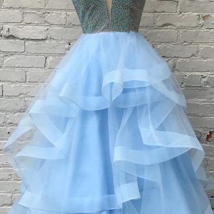 Light Blue V-neck Beaded Tulle Long Prom Dress,..