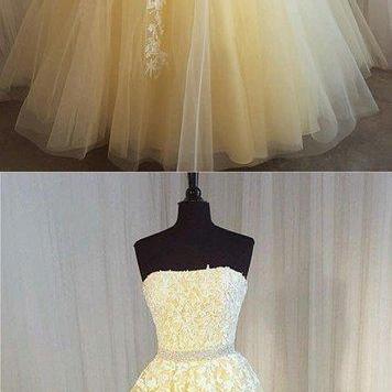 Spring Yellow Tulle Strapless Beaded Evening Dress..