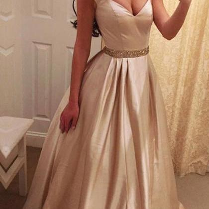 Exquisite Satin V-neck Neckline A-line Prom Dress..